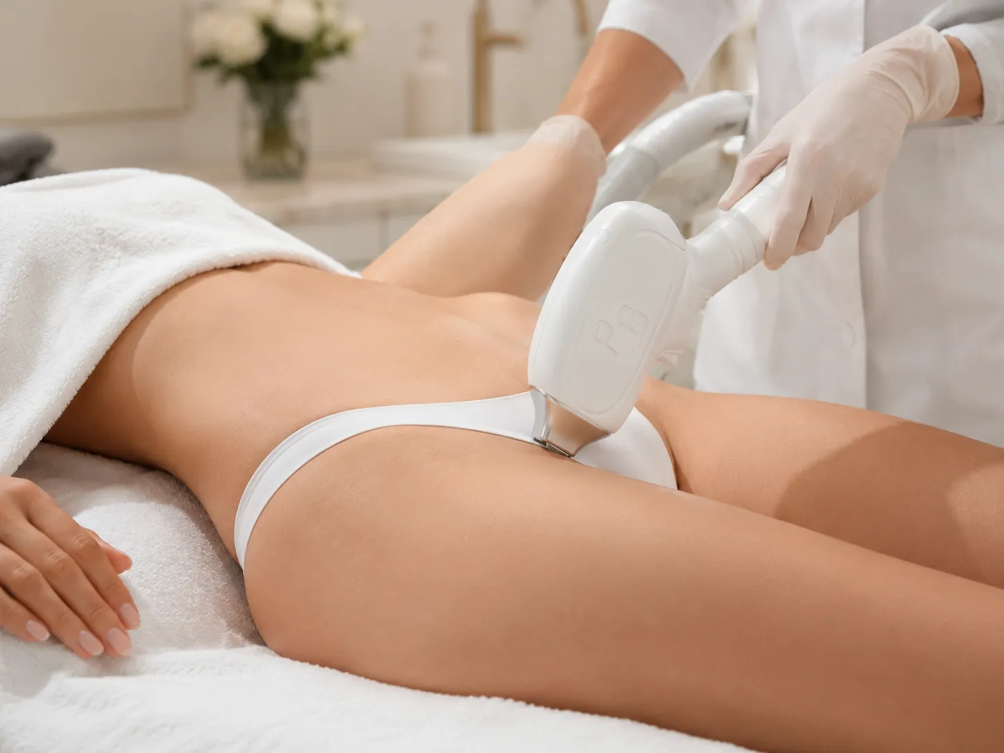Laser hair removal handpiece applied along the bikini line