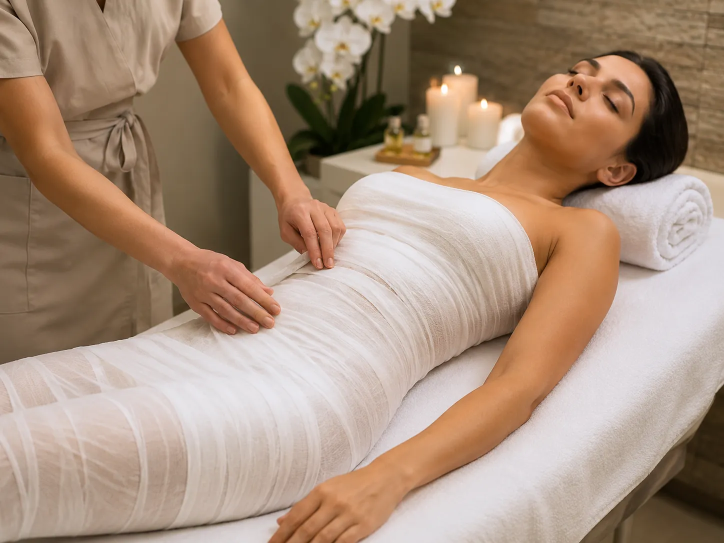 A full body wrap being applied, with candles and an orchid beside the couch