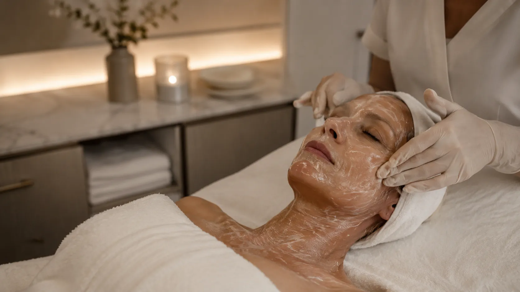 An enzyme mask being worked into mature skin during a DMK protocol