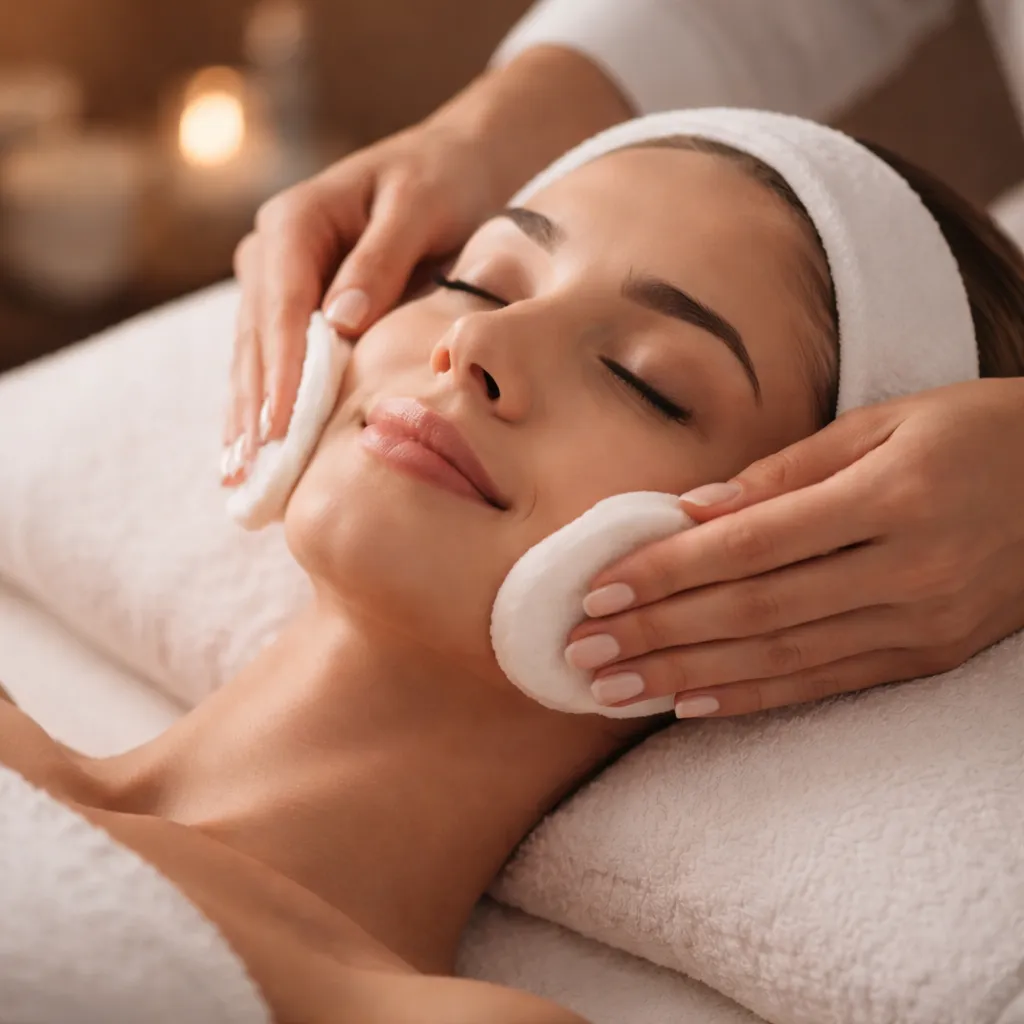 Cotton pads being used to cleanse the face during a facial
