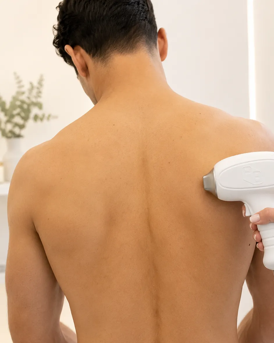 Laser hair removal handpiece applied across a man's back