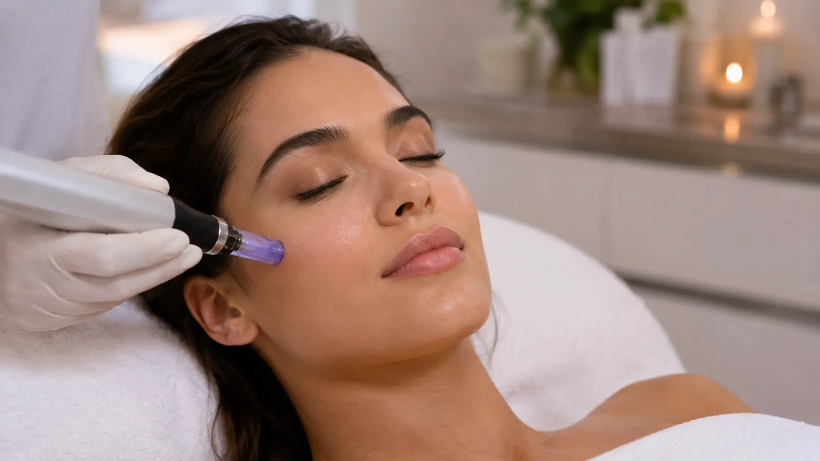 A microneedling pen worked across the cheek during a facial