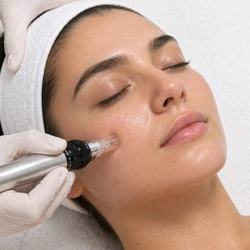 A microneedling pen worked across the cheek