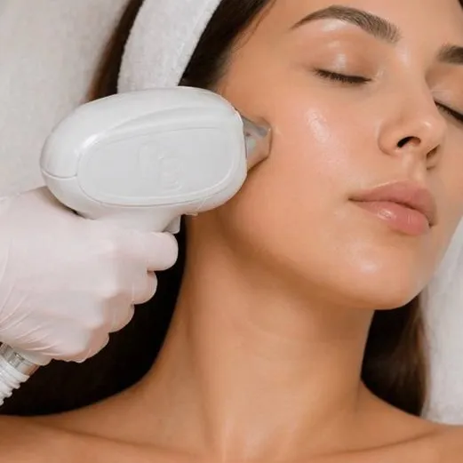 Laser hair removal handpiece held against the sideburn area