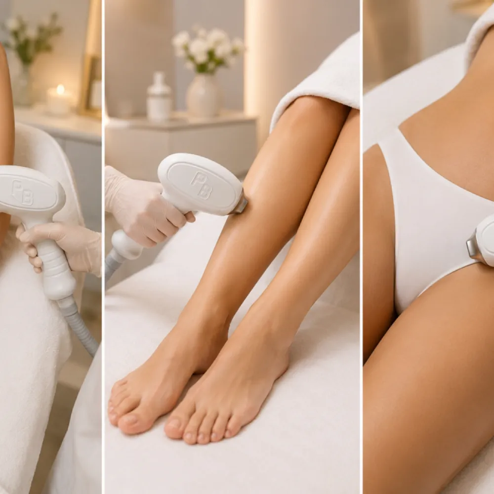 Laser hair removal handpiece drawn along the lower leg