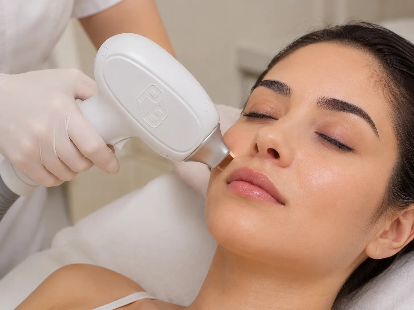 Laser hair removal handpiece applied to the upper lip